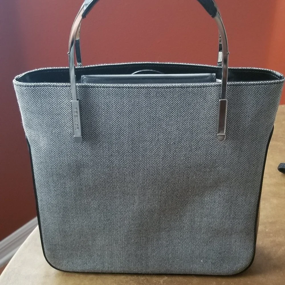 RARE LANCEL PARIS LOGO HERRINGBONE GRAY BLACK LEATHER SILVER HANDBAG BAG PURSE